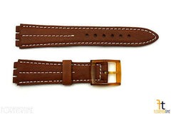 18mm Men's Brown Leather w/ White Stitches Band Strap Compatible  fits SWATCH watches
