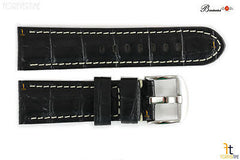 Bandenba 24mm Genuine Black Crocodile Grain Leather White Stitched Watch Band