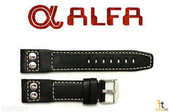 ALFA 24mm Black Genuine Smooth Leather RIVET Watch Band Strap Anti-Allergic