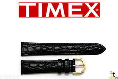 TIMEX Q7B855 Original 18mm Black Croco Grain Leather Watch Band Strap w/ 2Pins