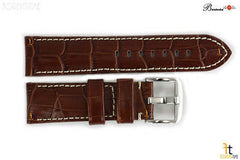 Bandenba 22mm Genuine Brown Crocodile Grain Leather White Stitched Watch Band