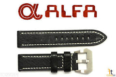 ALFA 26mm Black Genuine Textured Leather Watch Band Strap Anti-Allergic