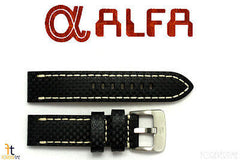 ALFA 22mm Carbon Fiber Genuine Leather Black Watch Band Strap Anti-Allergic