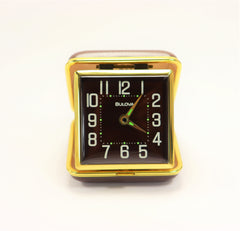 Bulova Winding Travel Alarm Clock Black and Gold Metal Clam Shell Case