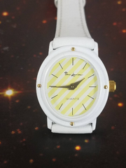 Pierre Lannier Watch White Leather Band Sunny Yellow Dial Golden Accents Vintage New 1990's