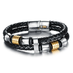 Braided Black Leather w/Stainless Steel & Gold Plated Beads 205mm Bracelet