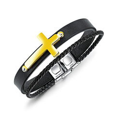 Black Leather and Stainless Steel with Gold Plated Cross Bracelet 210mm Unisex