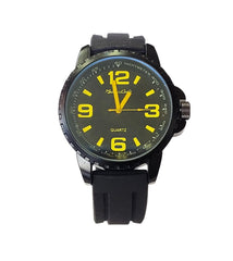 Montres Carlo Fashion Watch Large Faced Unisex Black Rubber Band (Yellow Numerals)