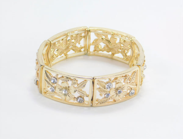Gold Tone Elastic Bracelet with Flower/Leaf Design and Crystals