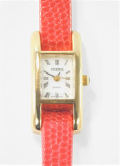 Pedre Stainless Steel Gold Plated Watch with Red Leather Textured Band Vintage 1990's NEW