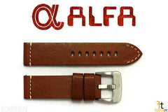 ALFA 24mm Genuine Brown Smooth Leather Watch Band Strap Anti-Allergic Heavy Duty