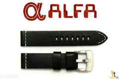 ALFA 24mm Black Smooth Genuine Leather Watch Band Strap Anti-Allergic Heavy Duty