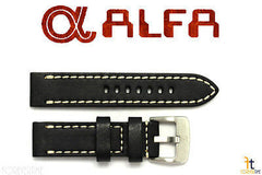 ALFA 24mm Black Smooth Genuine Leather Watch Band Strap Anti-Allergic w/Stitches