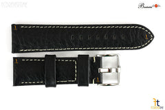 Bandenba 24mm Genuine Black Textured Leather Panerai White Stitched Watch Band
