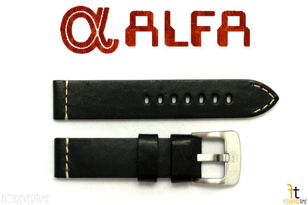 ALFA 20mm Black Smooth Genuine Leather Watch Band Strap Anti-Allergic Heavy Duty - Forevertime77