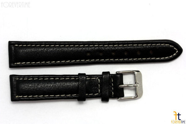18mm Genuine Black Leather Watch Band Strap Silver Tone Buckle for Heavy Watches - Forevertime77