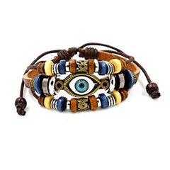 BROWN Leather Wrap Bracelet Charm Evil Eye Multi-Strand Braided Beads Adjustable Unisex