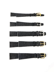 Genuine Black Leather Lizard Grain Watch Band (Gold or Silver Tone Buckle)
