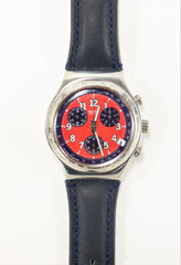 Swatch Irony Chrono Watch Black Leather Band Red Dial Stainless Steel with Date