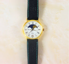 Pierre Lannier French Made Unisex Moon Phase Watch Vintage Brand New 1990's BLUE LEATHER BAND
