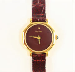 Ardath Ladies Swiss Made Winding Watch Gold Plated Burgundy 1980's Vintage Brand New with Tag