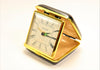 Bulova Winding Travel Alarm Clock Brown and Gold Metal Clam Shell Case