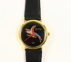Pierre Lannier Gold Plated Watch Black Leather Band Tri-Color Bird