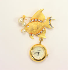 Gold Plated Fish Lapel Brooch Pin Watch with Crystals, Mother of Pearl Dial, and Faux Pearls