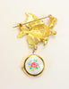 Gold Plated Fish Lapel Brooch Pin Watch with Crystals, Mother of Pearl Dial, and Faux Pearls