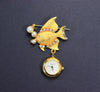 Gold Plated Fish Lapel Brooch Pin Watch with Crystals, Mother of Pearl Dial, and Faux Pearls