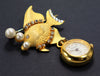 Gold Plated Fish Lapel Brooch Pin Watch with Crystals, Mother of Pearl Dial, and Faux Pearls