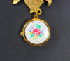 Gold Plated Fish Lapel Brooch Pin Watch with Crystals, Mother of Pearl Dial, and Faux Pearls