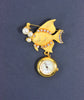 Gold Plated Fish Lapel Brooch Pin Watch with Crystals, Mother of Pearl Dial, and Faux Pearls