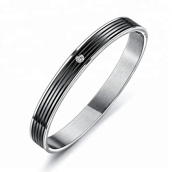 Stainless Steel and Black Ladies Bangle with Crystal in Center 180mm - Forevertime77