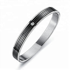 Stainless Steel and Black Ladies Bangle with Crystal in Center 180mm