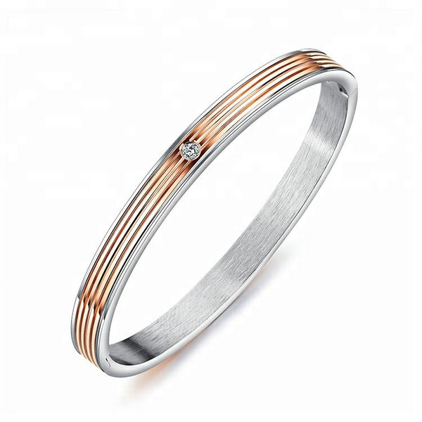 Stainless Steel and Rose Gold Plated Ladies Bangle with Crystal in Center 160mm - Forevertime77