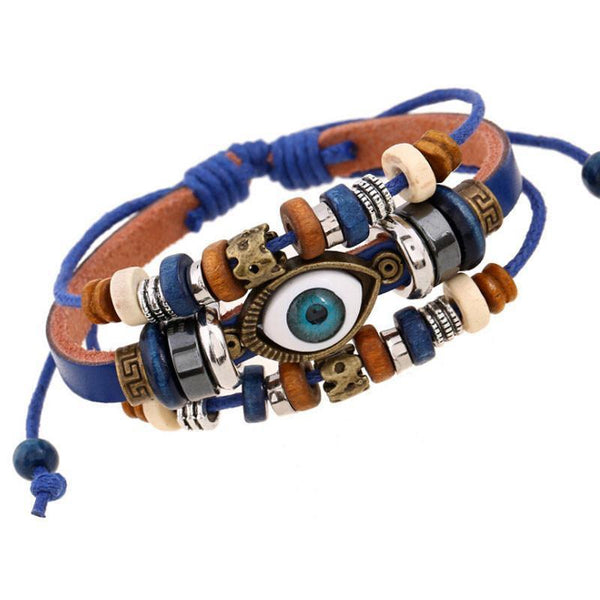 BLUE Leather Wrap Bracelet Charm Evil Eye Multi-Strand Beaded Adjustable Unisex - Forevertime77