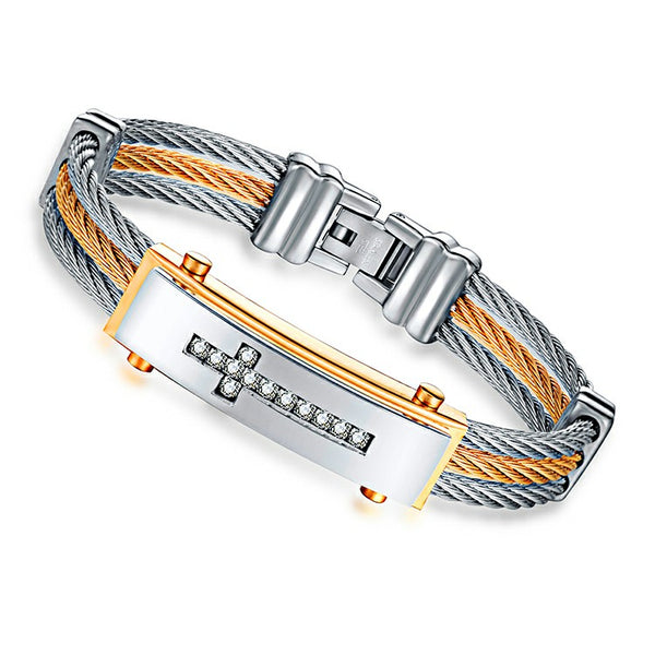 Crystal Cross Stainless Steel and Gold Plated Cable Wire Bracelet 185mm Unisex - Forevertime77