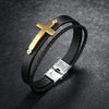 Black Leather and Stainless Steel with Gold Plated Cross Bracelet 210mm Unisex - Forevertime77