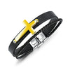Black Leather and Stainless Steel with Gold Plated Cross Bracelet 210mm Unisex - Forevertime77
