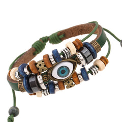 GREEN Leather Wrap Bracelet Charm Evil Eye Multi-Strand Beaded Adjustable Unisex