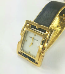 BCBG MAX AZRIA Watch Gold Plated Black Leather Band Rectangle Dial