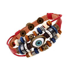 RED Leather Wrap Bracelet Charm Evil Eye Multi-Strand Beaded Adjustable Button Snap Closure Unisex